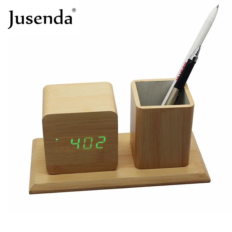 Держатель ручки LED Cube Деревянный Будильник звук управления электронными