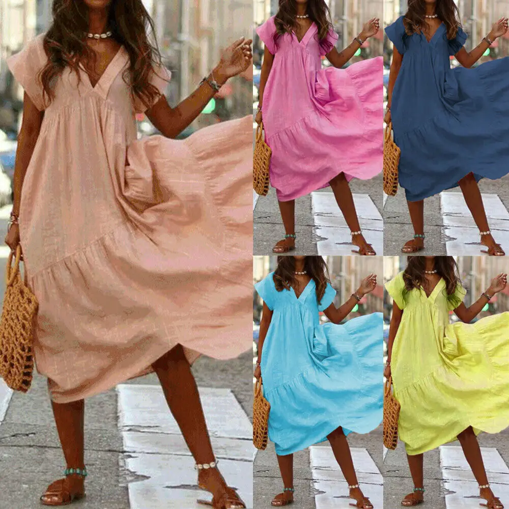 Женское свободное платье Макси Boho повседневное однотонное длинное с v образным