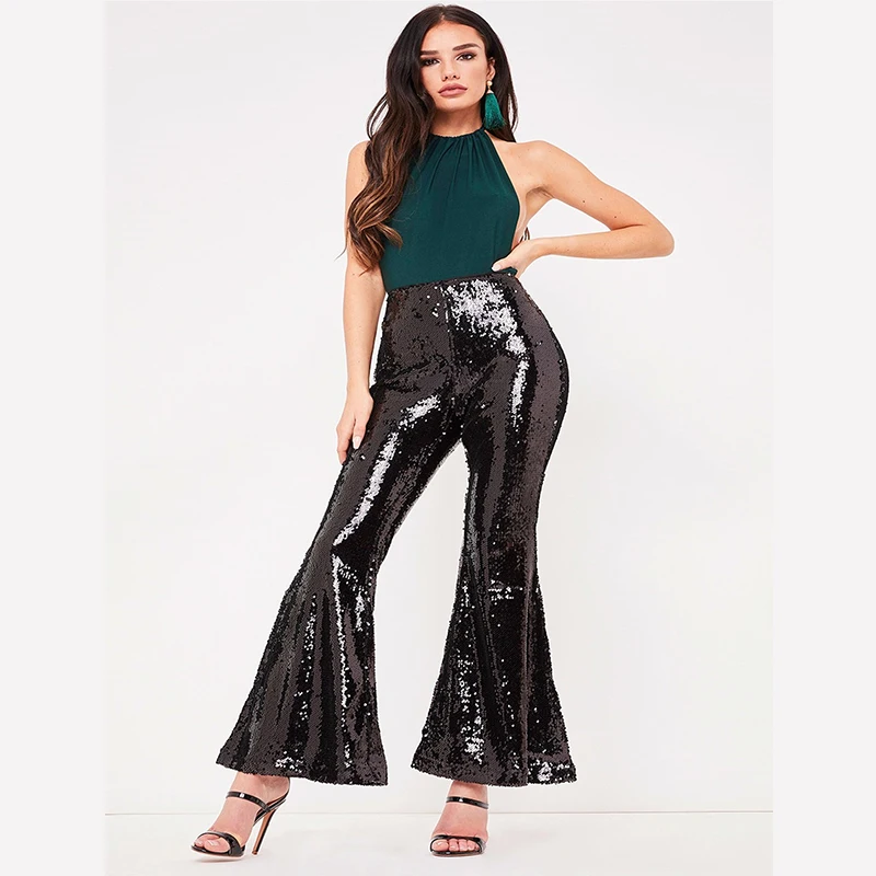 Клубная одежда длинные широкие брюки с блестками женские блестящие Серебристые