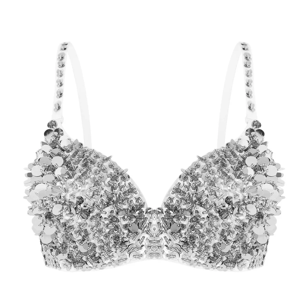 YiZYiF Sequins Bra Women Fashion Sparkle Sequins Beading Padded Bra Top for Raves Dances Club Wear Belly Dancing Sexy Bra Party