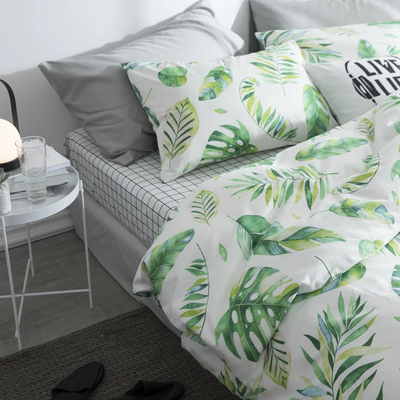 2018 Fashion Leaves Print Sheet Pillowcase and Duvet Cover Sets 100% Cotton Bedlinen Twin Double Queen King Size Bedding Set | Дом и сад