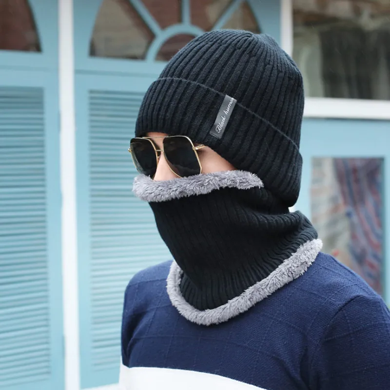 Шапочки Кепки S Для мужчин вязаный шарф Skullies Зимний комплект шляпа маска Твердые