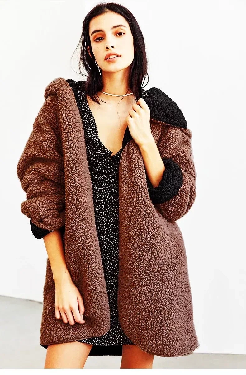 Faux Fur Coat Women Winter Warm Soft Hooded Long Double-sided Casacos Thickened Plush Loose Overcoat Casual Outerwear | Женская одежда