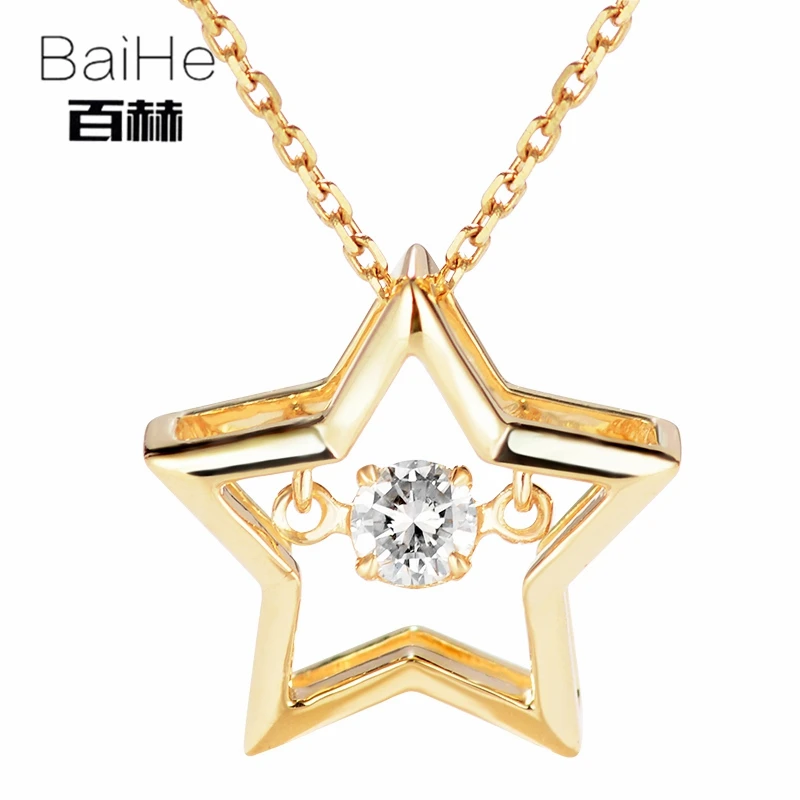 BAIHE Solid 18K Yellow Gold 0.08ct H/SI Natural Dancing Diamond Women Trendy Fine Jewelry Gift beautiful Star Necklaces | Украшения и