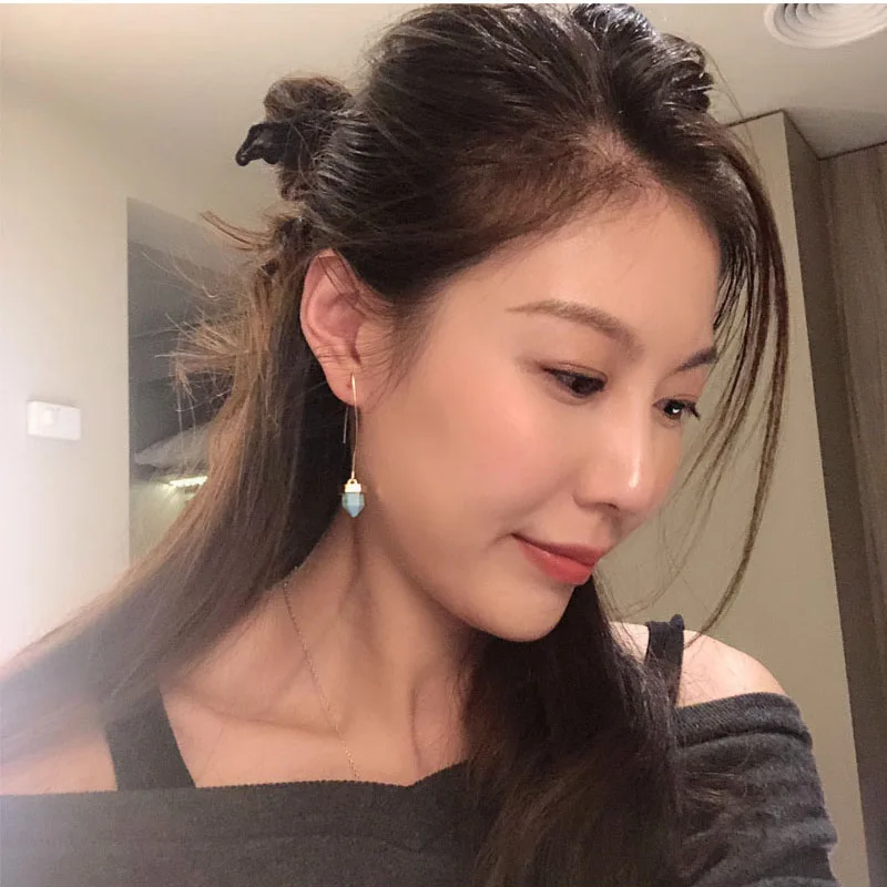 

RE triangle jewelry ear accessories U shape turquoises earrings drop blue natural stone Gold Color dangle earrings for women J30