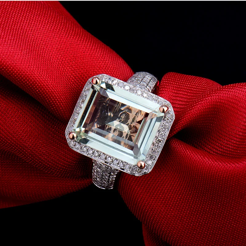 LOVERJEWELRY, кольцо для женщин, изумрудная огранка, зеленый драгоценный камень, натуральный аметист, бриллиант, обручальное кольцо, одноцветное, 14 к, розовое золото, ювелирное изделие
