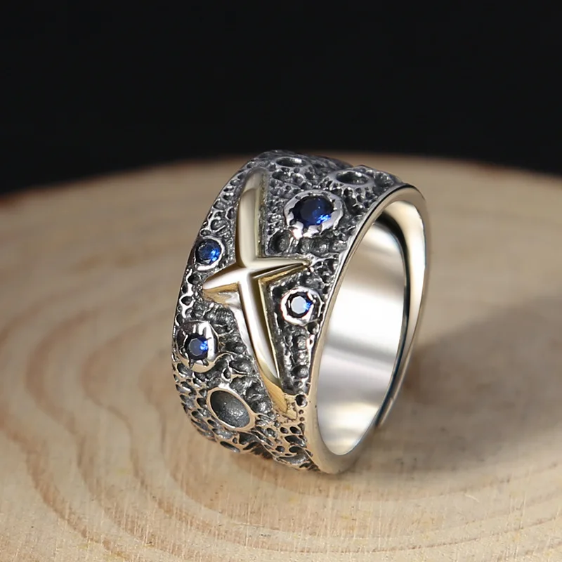 

S925 Sterling Silver Starry Blue Ring Fashion Men Personality Thai Silver Vintage Adjustable Size