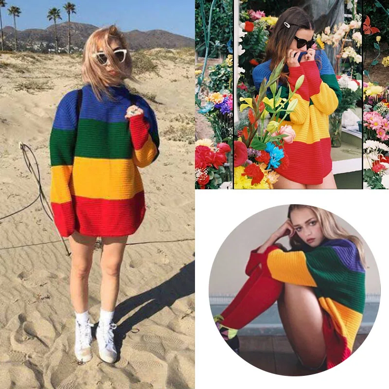 Мода свитер для женщин новые модные Винтаж джемпер с длинным рукавом Rainbow