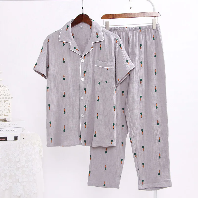 Men-Grey Комплект из 2 предметов для мужчин и женщин, Хлопковая пижама для влюбленных, одежда для сна с рисунком моркови, короткий рукав, домашняя одежда для пары, удобная повседневная одежда - Цвет: Men-Grey