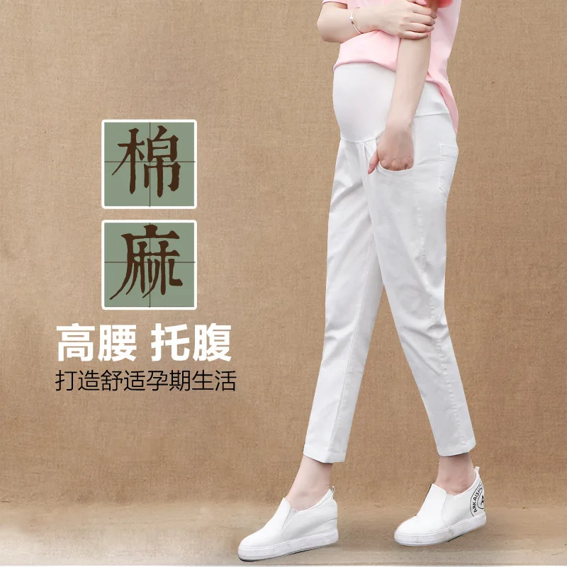 Брюки для беременных женщин Весна и осень тонкая одежда хлопок лен брюки живота