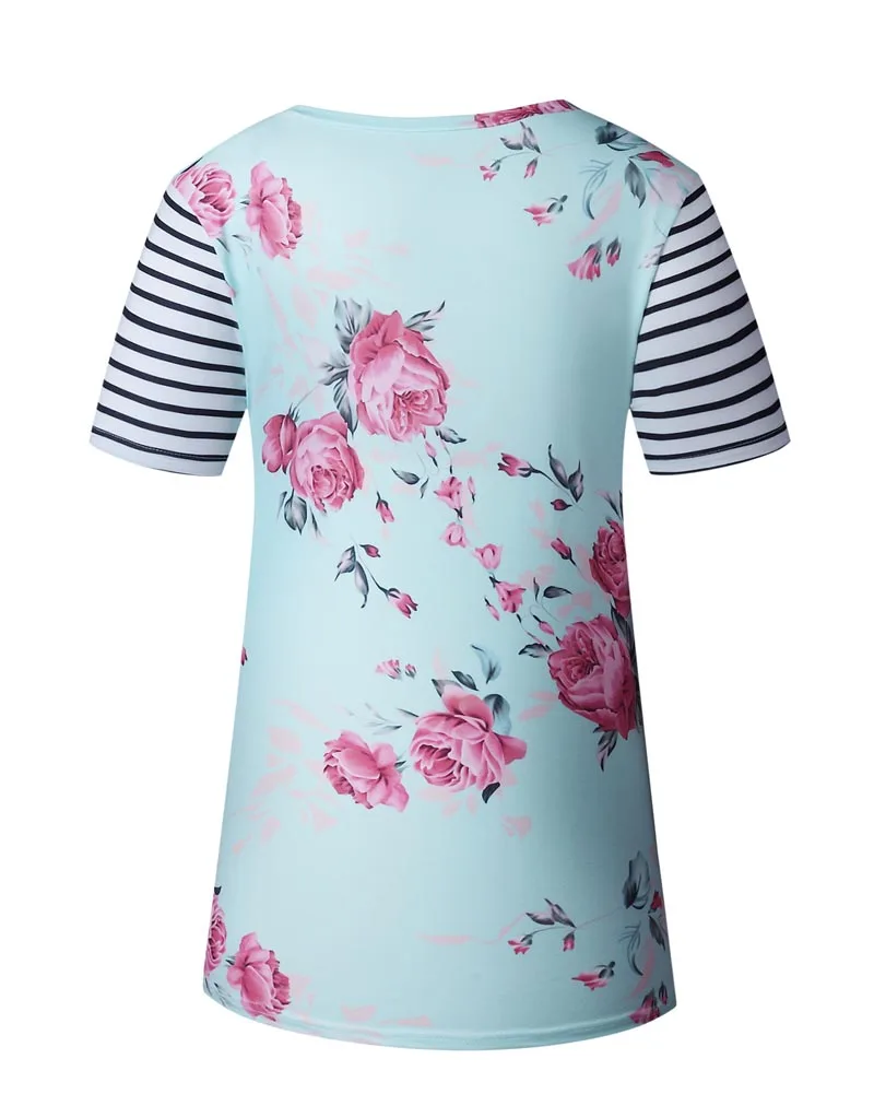 

Hitmebox 2019 Women Floral Printed Short Sleeve T Shirts Ladies Round Neck Front Pocket Striped Color Block Casual Summer Tops