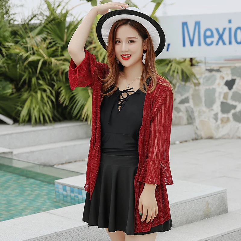 Соблазнительный купальный костюм 2019 блестящий черный и красный кружевной