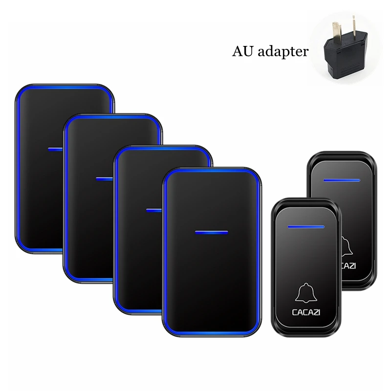 black 2x4 AU CACAZI Smart Wireless Doorbell Waterproof 2 Button 4 Receiver US EU UK AU Plug LED Light Home Welcome Door Bell Calling Chime - Цвет: black 2x4 AU