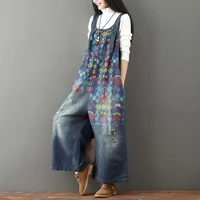 wide leg bib denim overalls women vintage printed flower jean jumpsuits big size drop crotch jeans holes ripped cowboy rompers