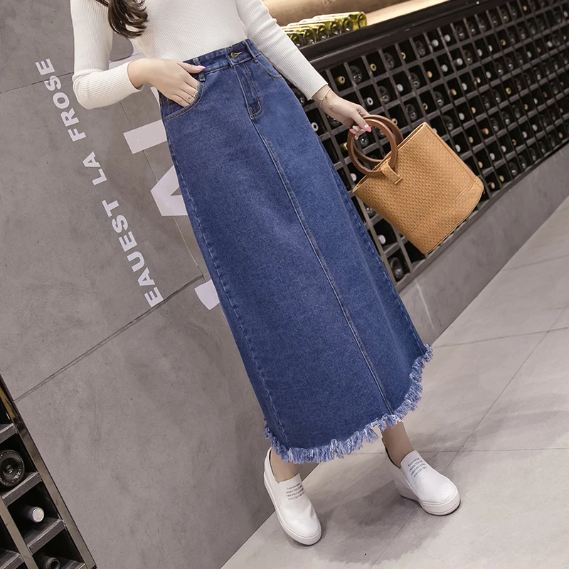 Женская джинсовая юбка с завышенной талией длинная большого размера в Корейском
