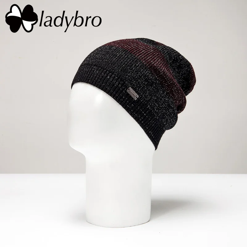 003 Ladybro осень-зима шляпа Для женщин шерстяные шапочки трикотажный свитер шляпа Кепки; женские туфли на плоской подошве в полоску лыжи gorros Для женщин шляпа теплая шапка Femme - Цвет: 003