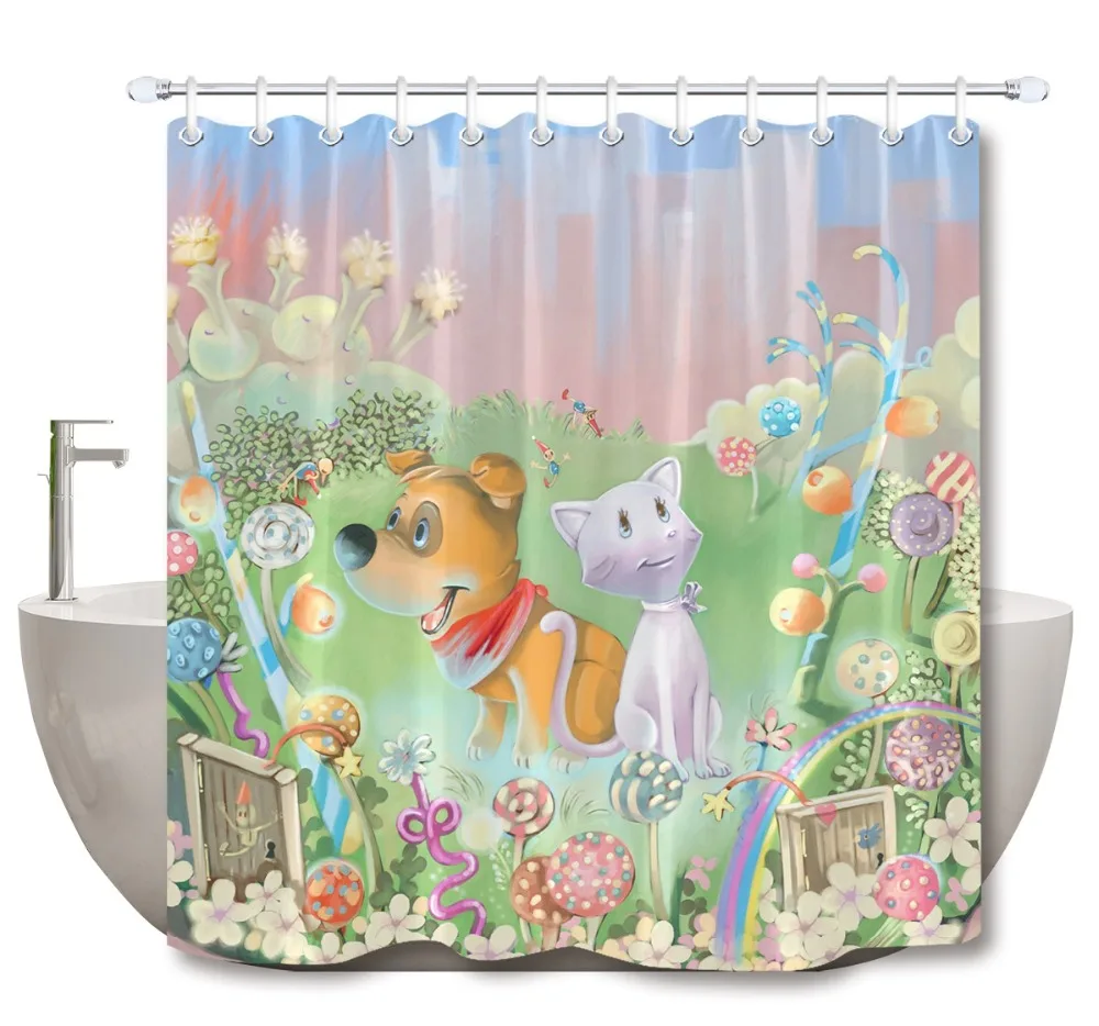 LB забавные мультяшные рождественские занавески для душа с щенком и кошкой ванной