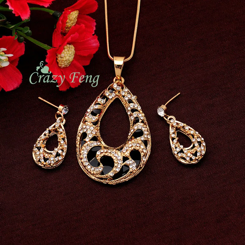 Женский комплект из колье и серёг с желтым/белым золотом австрийским кристаллом 2