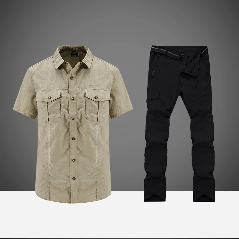 khaki and black Военная Униформа Мужская тактическая рубашка с коротким рукавом+ брюки костюмы мужские быстросохнущие дышащие военные армейские рубашки наборы мужские - Цвет: khaki and black