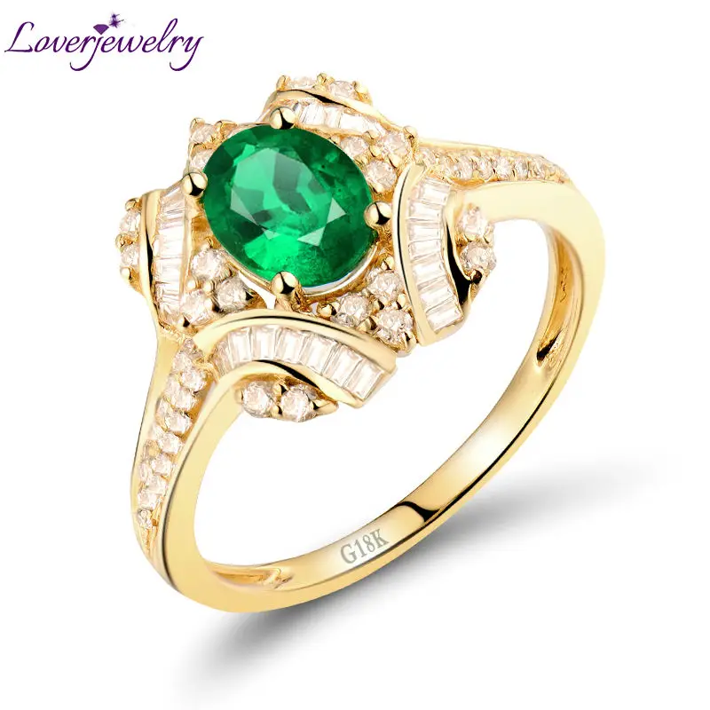 

Ring For Women Oval 0.59ct Solid 18k Yellow Gold Diamond Natural Emerald Wedding Ring Gemstone Jewelry For Mother Christams Gift