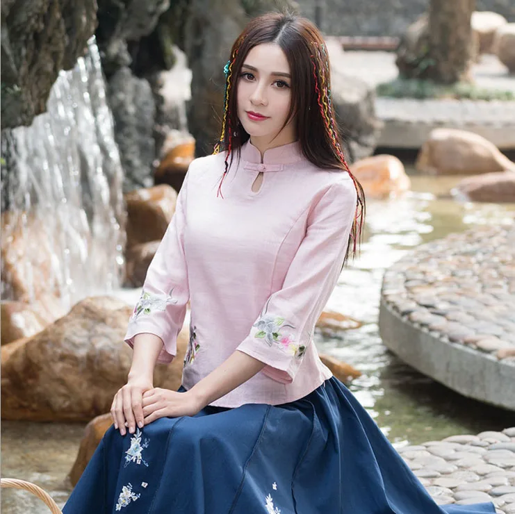 2018 хлопковая и льняная футболка с воротником-стойкой вышивкой | Женская одежда