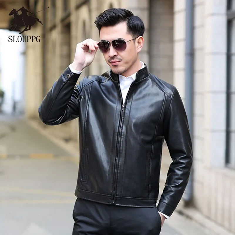 Spring Autumn Motorcycle Leather Jacket Men Slim Fite Zipper PU Men's Jackets Stand Collar | Мужская одежда