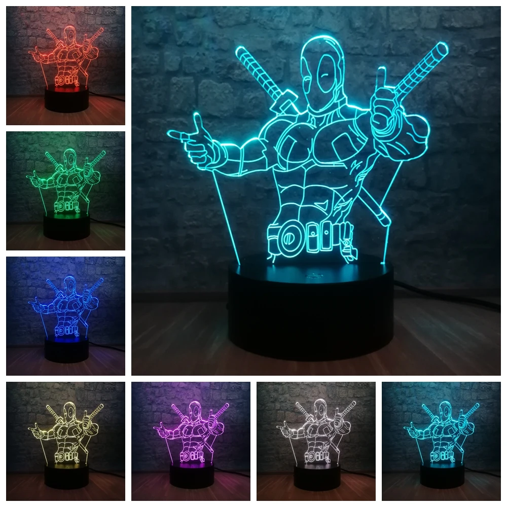 Marvel Deadpool Cool Hero 3D светодиодный ночной Светильник RGB Blub многоцветный 7 цветов