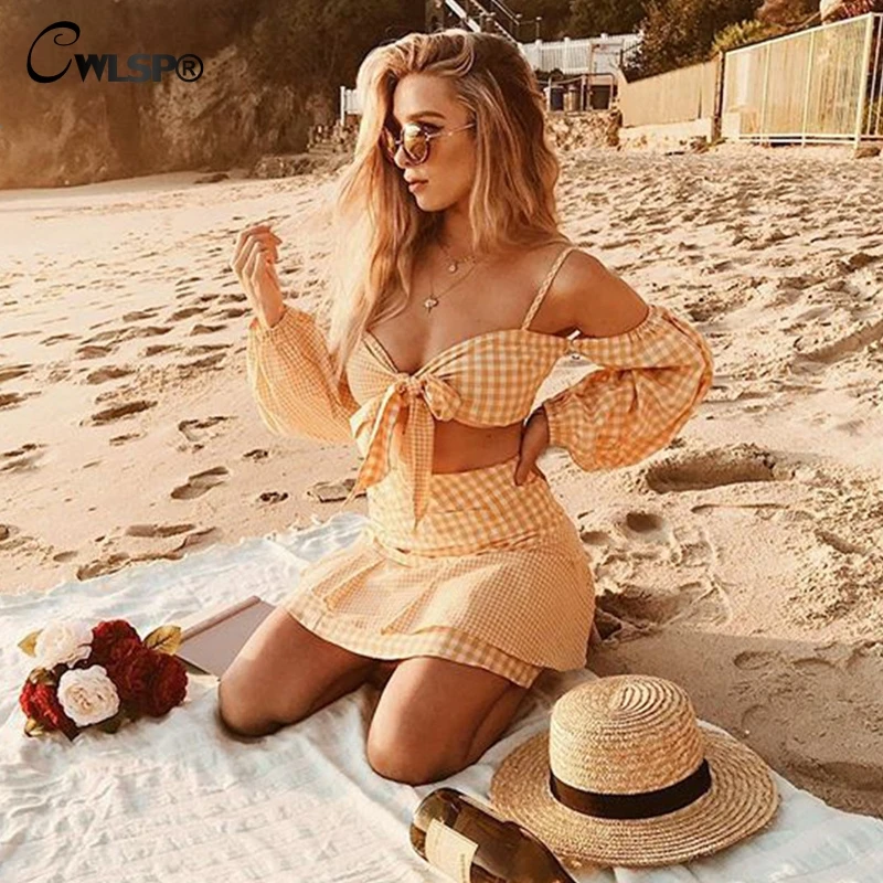 CWLSP/клетчатая юбка с открытыми плечами летний комплект из двух предметов высокой