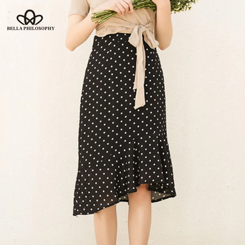 Heydress 2019 summer vintage polka dot asymmetrical ruffles trumpet mermaid ladies skirts high waist knee length women | Женская одежда