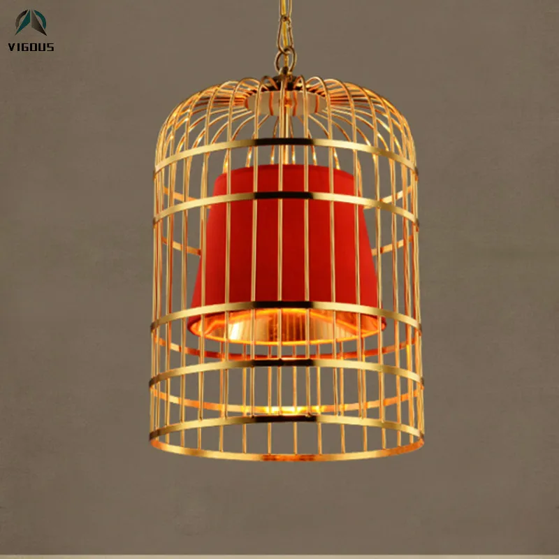 Beste Nordic Glans Gold Lustre E27 Led Hanglampen Stof Shades Birdcage Metalen Opknoping Lamp Bar Dorplight Led Lamparas