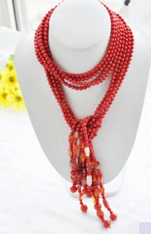 Huij 004785 настоящий 4 нити 50 &quotКрасный Коралловый Агат ожерелье из бисера|bead