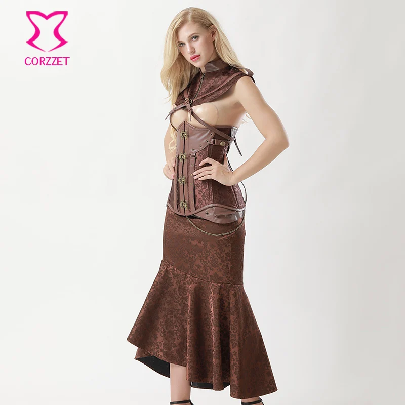 Корсет с длинным рукавом и юбкой годе черного цвета|steampunk corset dress|corset dressoverbust |