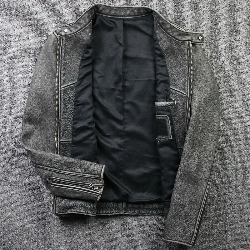 

Mens Autumn Winter Clothing Retro Vintage Gray Cowhide Leather Jackets Short Slim Fitting Casual Overcoat Stand Collar Moto Coat