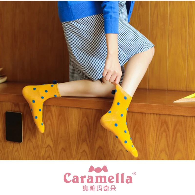 Caramella Women Socks Autumn Winter Dot Colorful Socks Lace Cute Pom Pom Casual Breathable Yellow Women Fashion Lady Socks