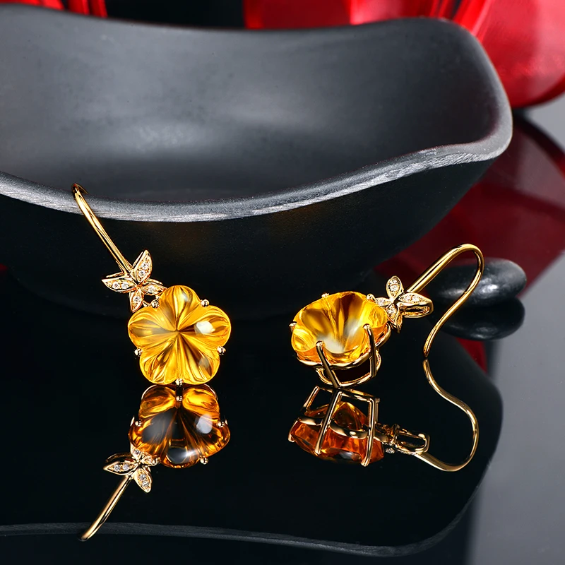 14 k желтое золото 13 мм форма цветка 15.81ct натуральный цитрин H SI Подвесные серьги с бриллиантами
