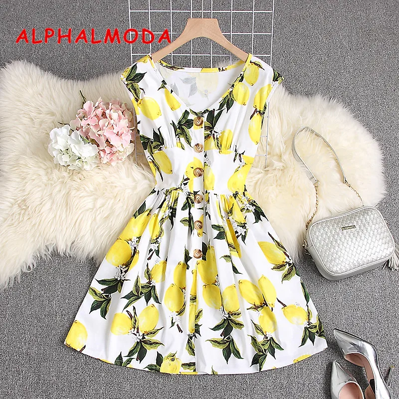 ALPHALMODA, летнее Трендовое платье с цветочным принтом, без рукавов, однобортное, с высокой талией, для девушек, сладкая принцесса, vestidos
