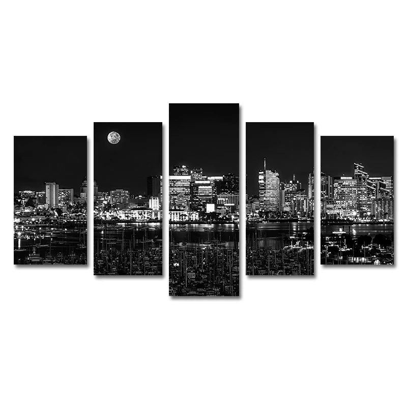 

5 Piece Canvas Paintings Wall Art Black and White City Night View Paintings Wall Pictures Artwork for Home Decor Paintings