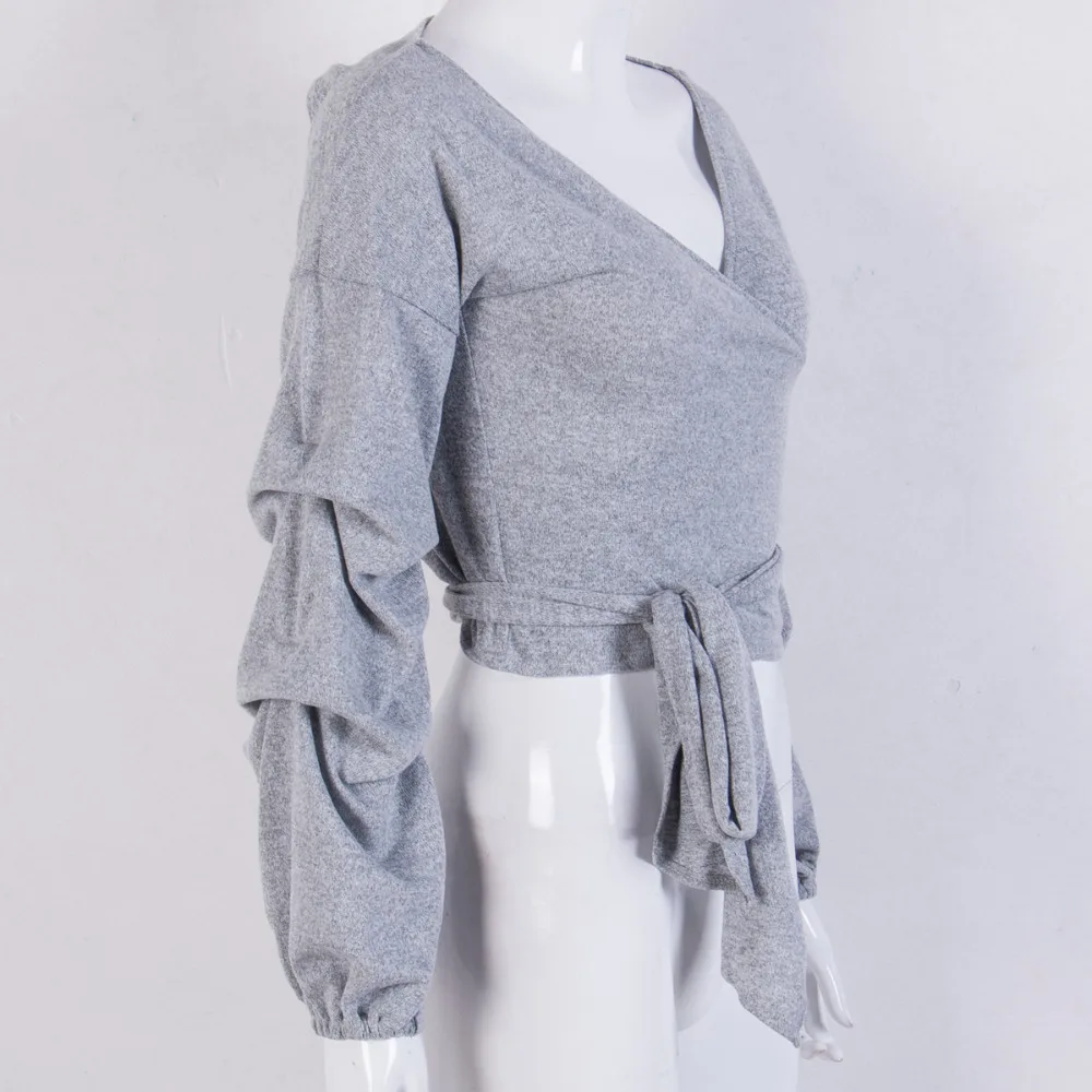 V Neck Sweaters Women Knitted Jumper Sweater Top Pullover Short Knitwear V-neck Cropped Tops Bandage Puff Sleeve Shirt | Женская одежда