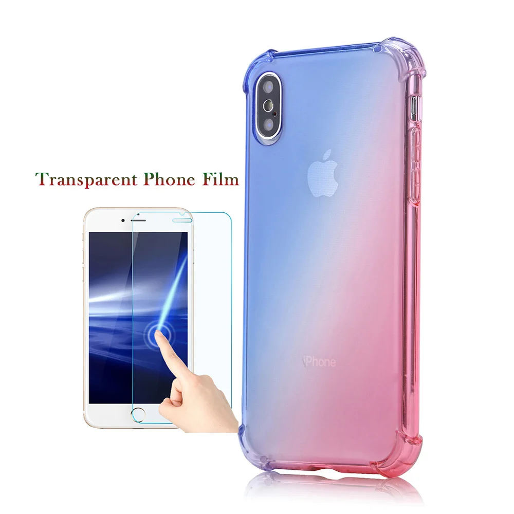Shockproof Soft TPU Phone Case Transparent Gradient Cute Mobile Cover for iPhone 7 6 S 8 Plus XS Max with Film |