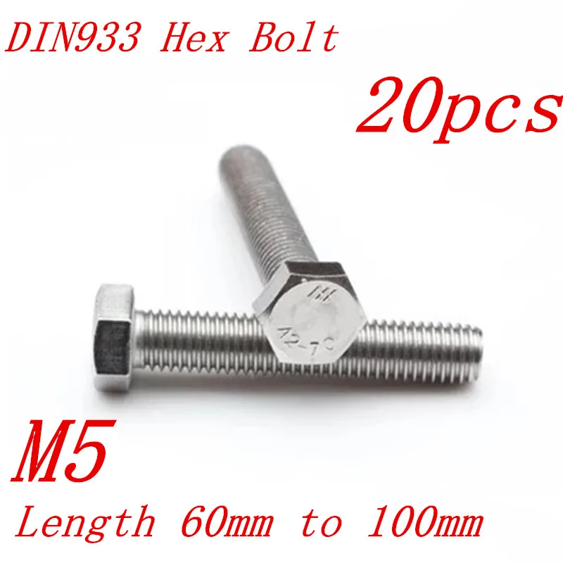 

20pcs DIN933 M5*60/65/70/80/90/100 5mm 304 stainless steel hex bolt