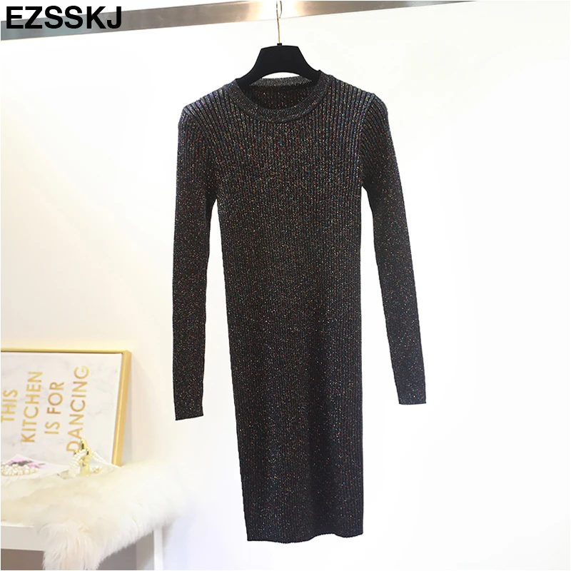 Теплое блестящее осенне зимнее сексуальное платье свитер женское мини с круглым