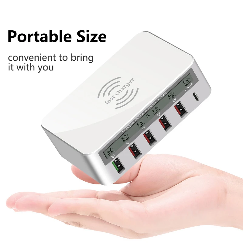 Multi-port Charging Station Hub 10W Qi Fast Charger Wireless LED Screen Smart USB Port Quick Charge 3.0 Type C PD | Мобильные