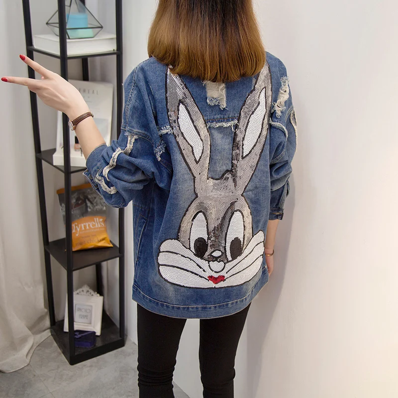 Модная Джинсовая куртка с героями мультфильмов Женская Весенняя Harajuku дырками и
