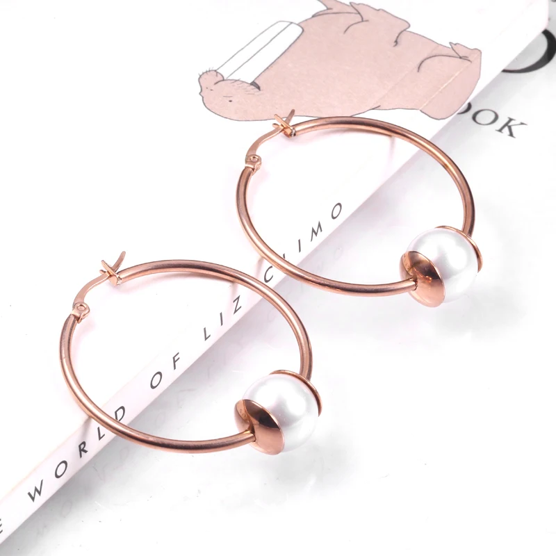 Модные Простые жемчужные серьги-кольца RIR из нержавеющей стали цвета розового