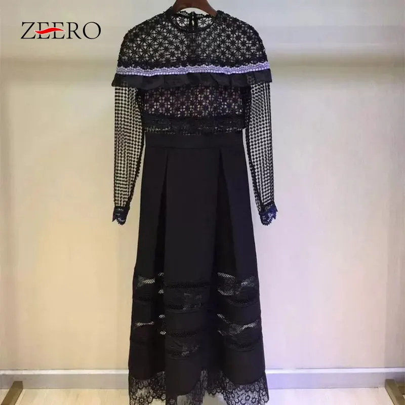 Женское кружевное платье с вышивкой ZEERO Черное длинное высокой талией и длинным