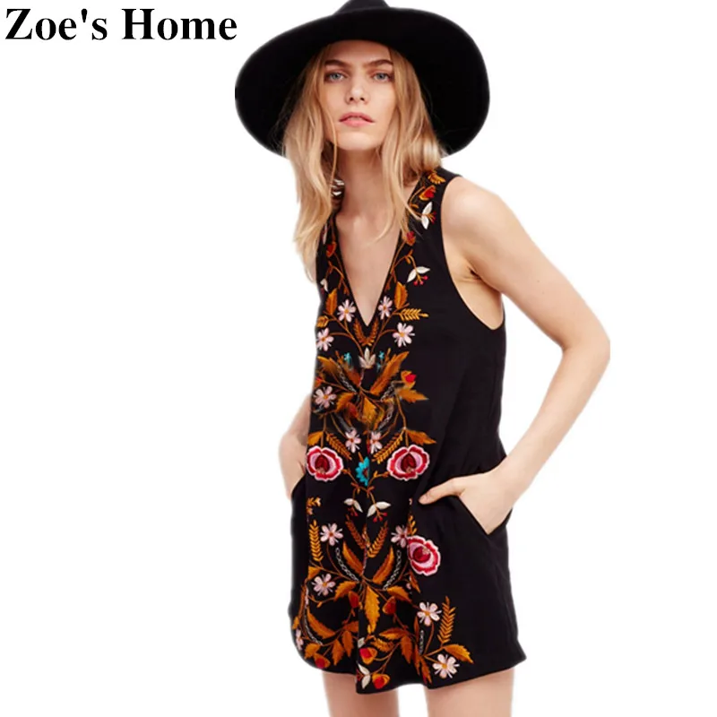Orgreeter летнее Boho женское мини-платье сексуальное Глубокий v-образный вырез пляжное платье жилет в стиле бохо с вышивкой свободное хиппи шикарное платье - Цвет: Черный