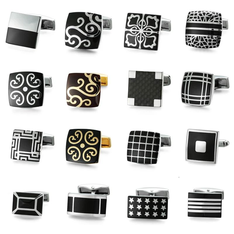 

French squar Cufflinks High quality Classic Silver Plated black enamel fibre design brand Cuff Button mens wedding Business gift