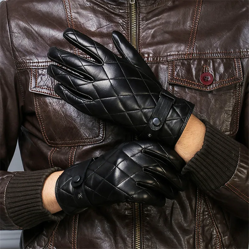 

Real Leather Gloves Male Autumn Winter Plus Velvet Thicken Classic Black Fashion Plaid Embroidery Sheepskin Man's Gloves DQ1911