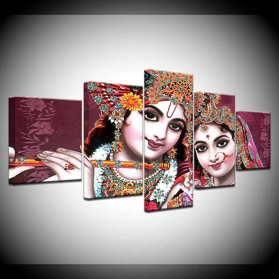 

HD Printed Pictures For Living Room Canvas Wall Art Frame 5 Piece India God Radha Krishna Painting Home Decor Posters Artwork