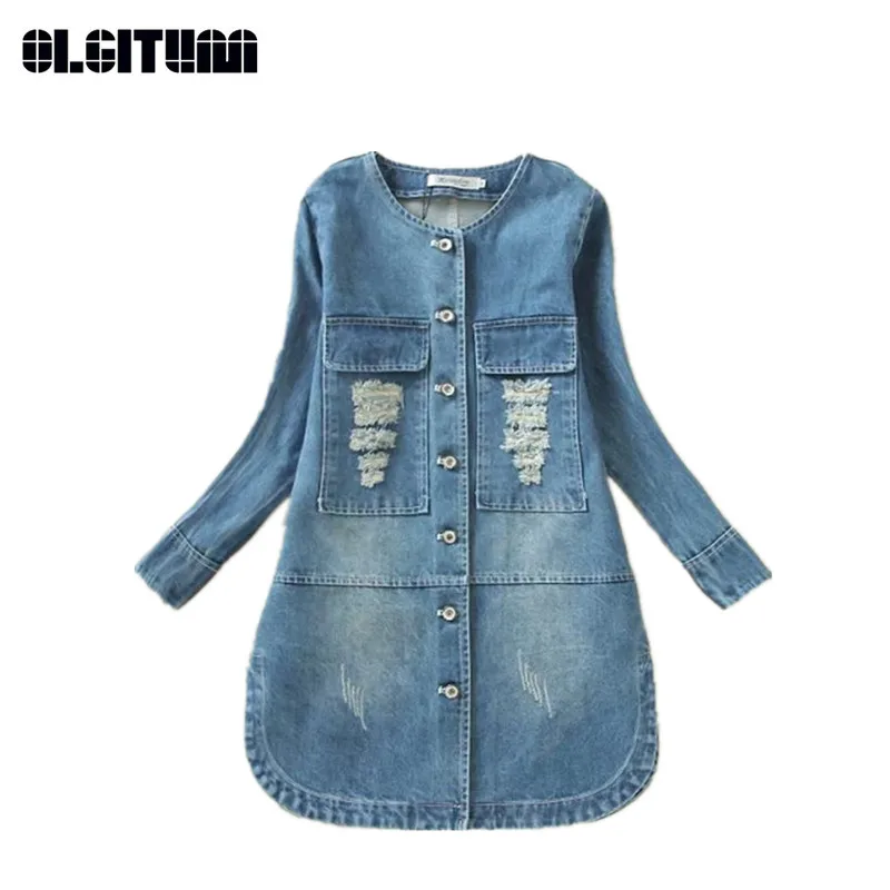 

Hot Sale 2020 New Fashion Style Women Coats O-Neck Long Sleeve Letter Ripped Denim Long Trench Coat Frayed JK467